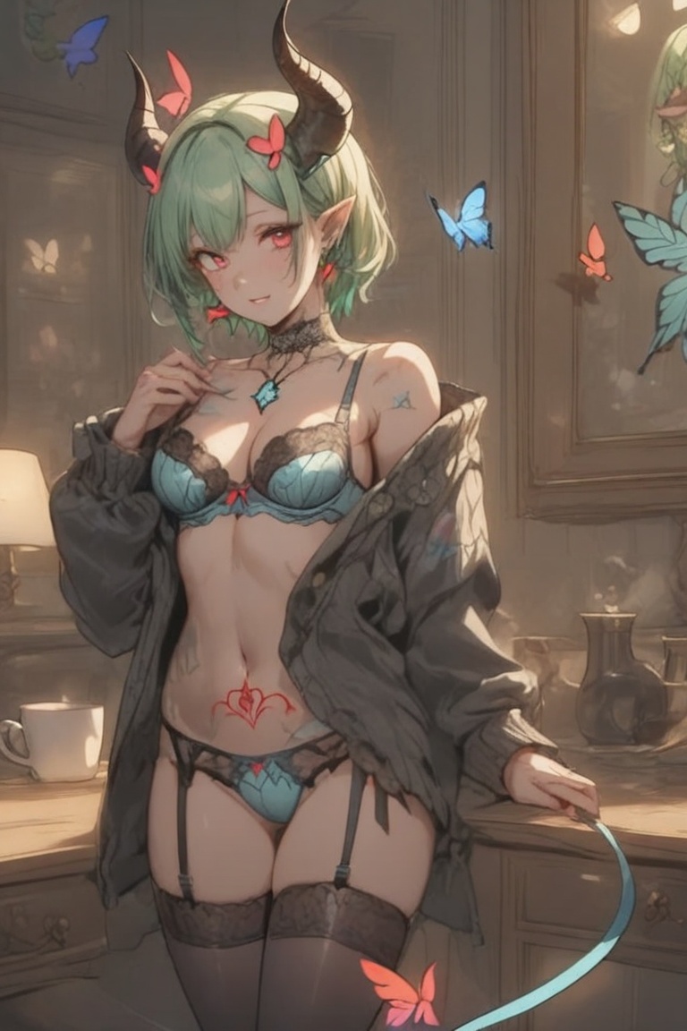Succubus,  beautiful green hair,  markings on Tensor.Art