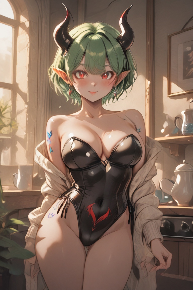 Succubus,  beautiful green hair,  markings on Tensor.Art