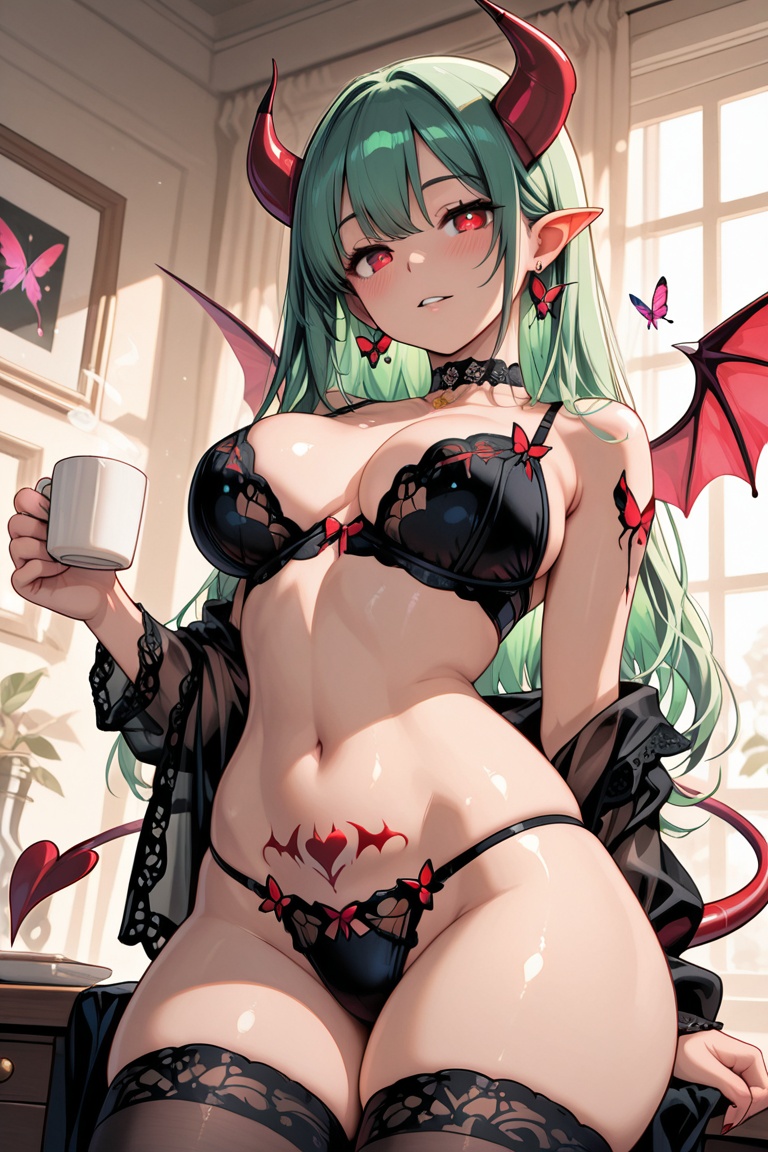 Succubus,  beautiful green hair,  markings on Tensor.Art
