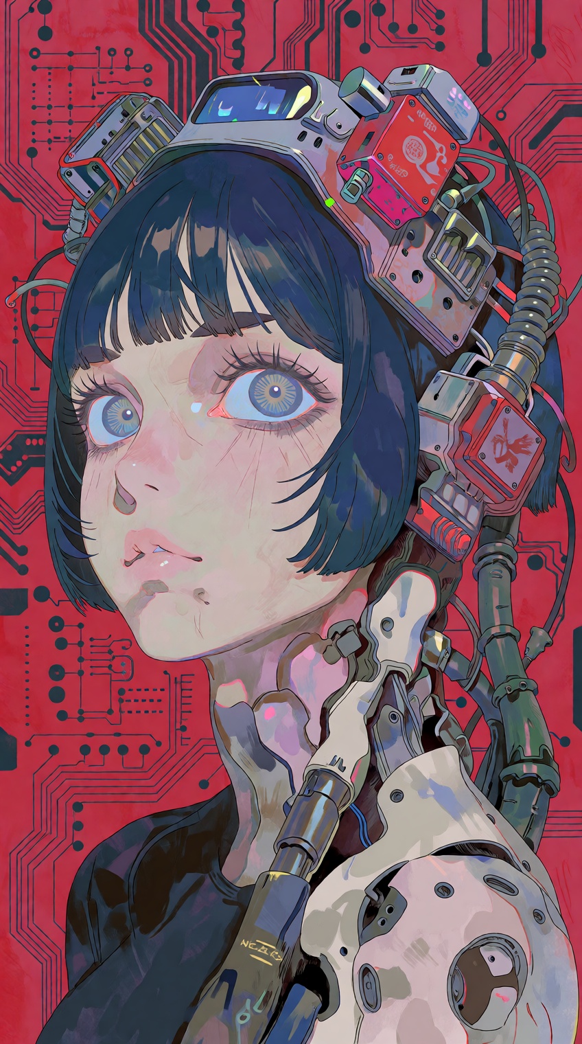 @salvacore_style,  A close-up three-quarter portrait of a young cyborg girl with blunt-cut navy blue hair and straight ban...