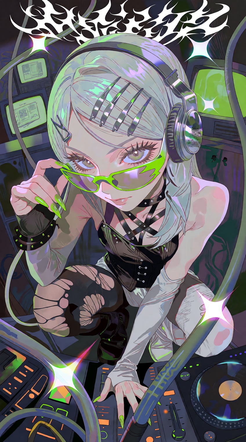@salvacore_style,  Extreme high-angle fisheye view of a cyber-y2k anime woman crouching inside a dimly lit DJ booth,  tilt...