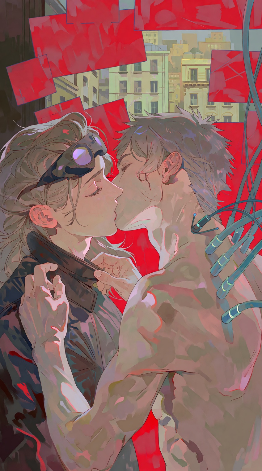 @salvacore_style,  Two figures share an intimate kiss,  their faces close and eyes closed on Tensor.Art
