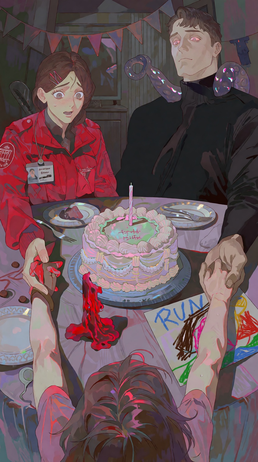 @salvacore_style,  First-person child POV seated at a dining table during an ominous birthday ritual. In the foreground,...
