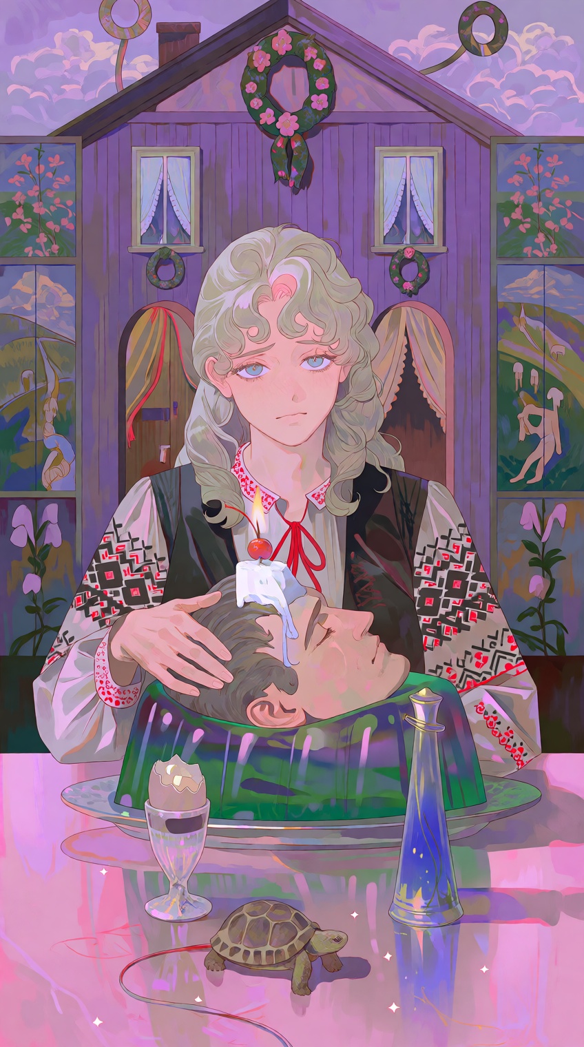 @salvacore_style,  A young woman with curly blonde hair and blue eyes sits at a table,  her expression calm yet somber on...
