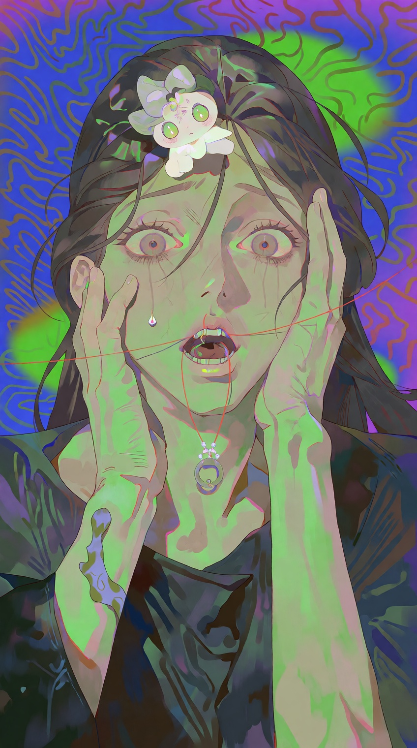 @salvacore_style,  A young woman with wide,  tear-filled eyes and an open mouth stares forward in shock or distress on Ten...