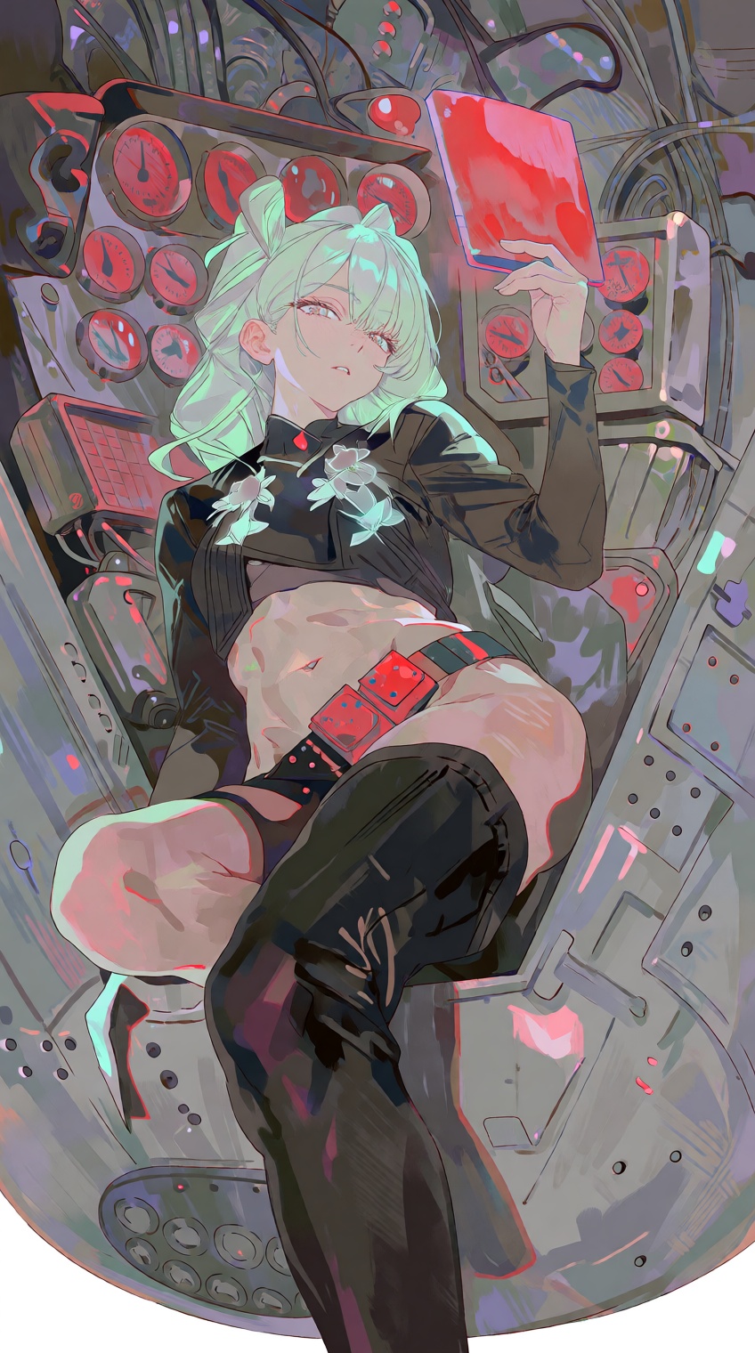 @salvacore_style,  A young woman with pale mint-green hair tied in a high ponytail reclines inside a cramped,  high-tech c...