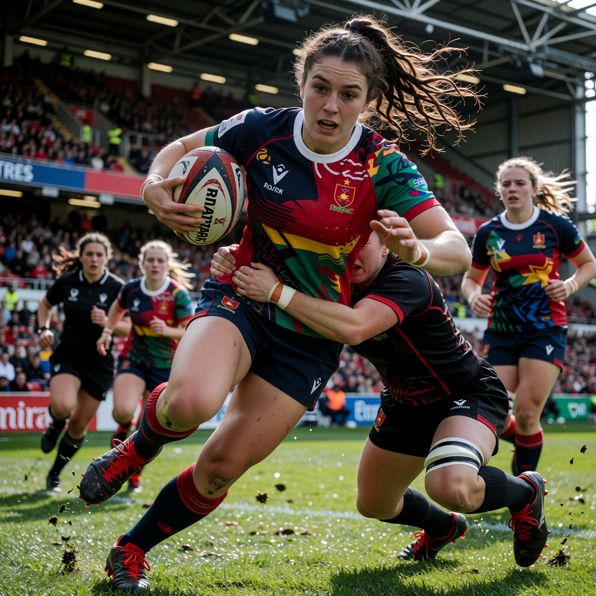 High-speed sports photography,  beautiful 22 year old female professional rugby player charging forward during an intense...