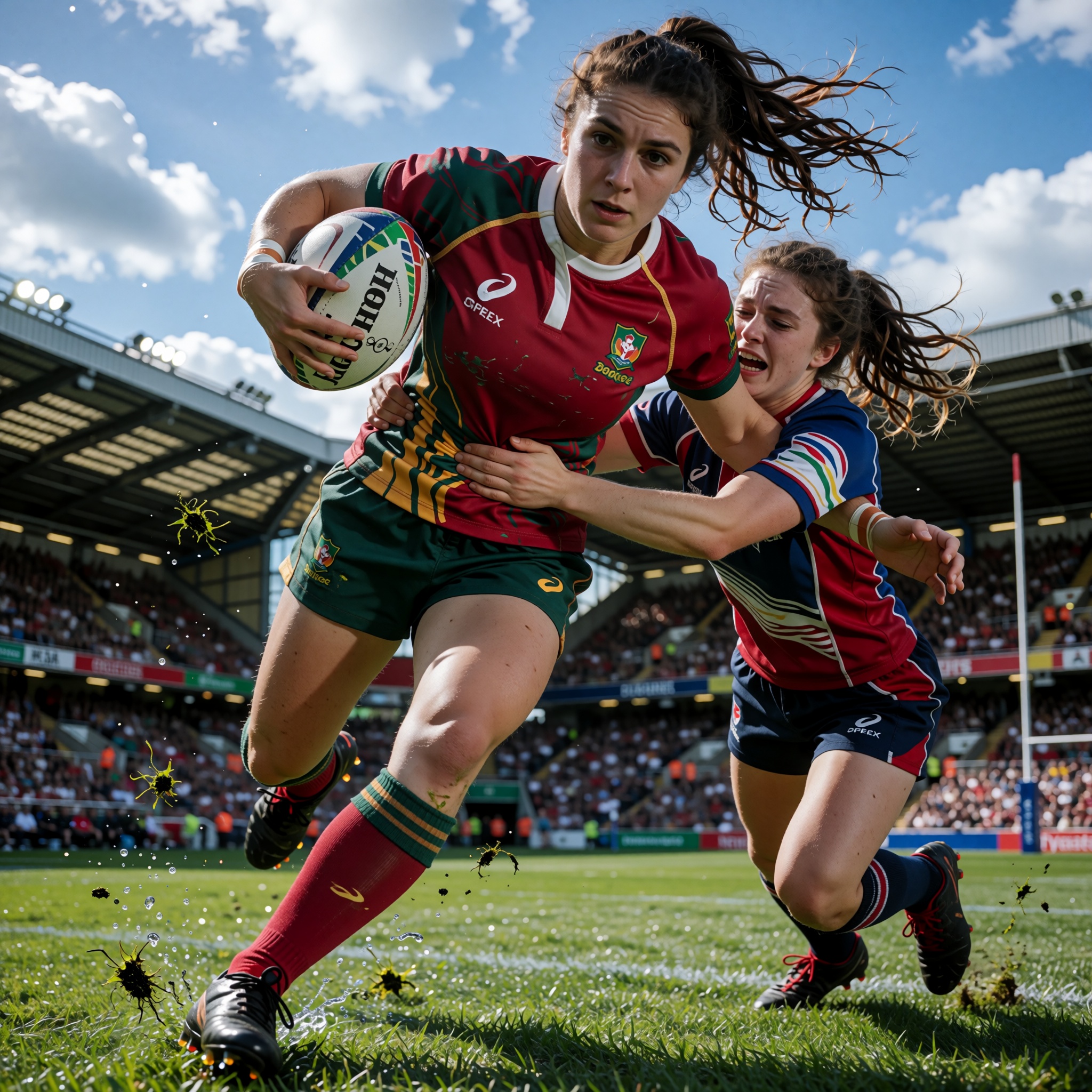 High-speed sports photography,  beautiful 22 year old female professional rugby player charging forward during an intense...
