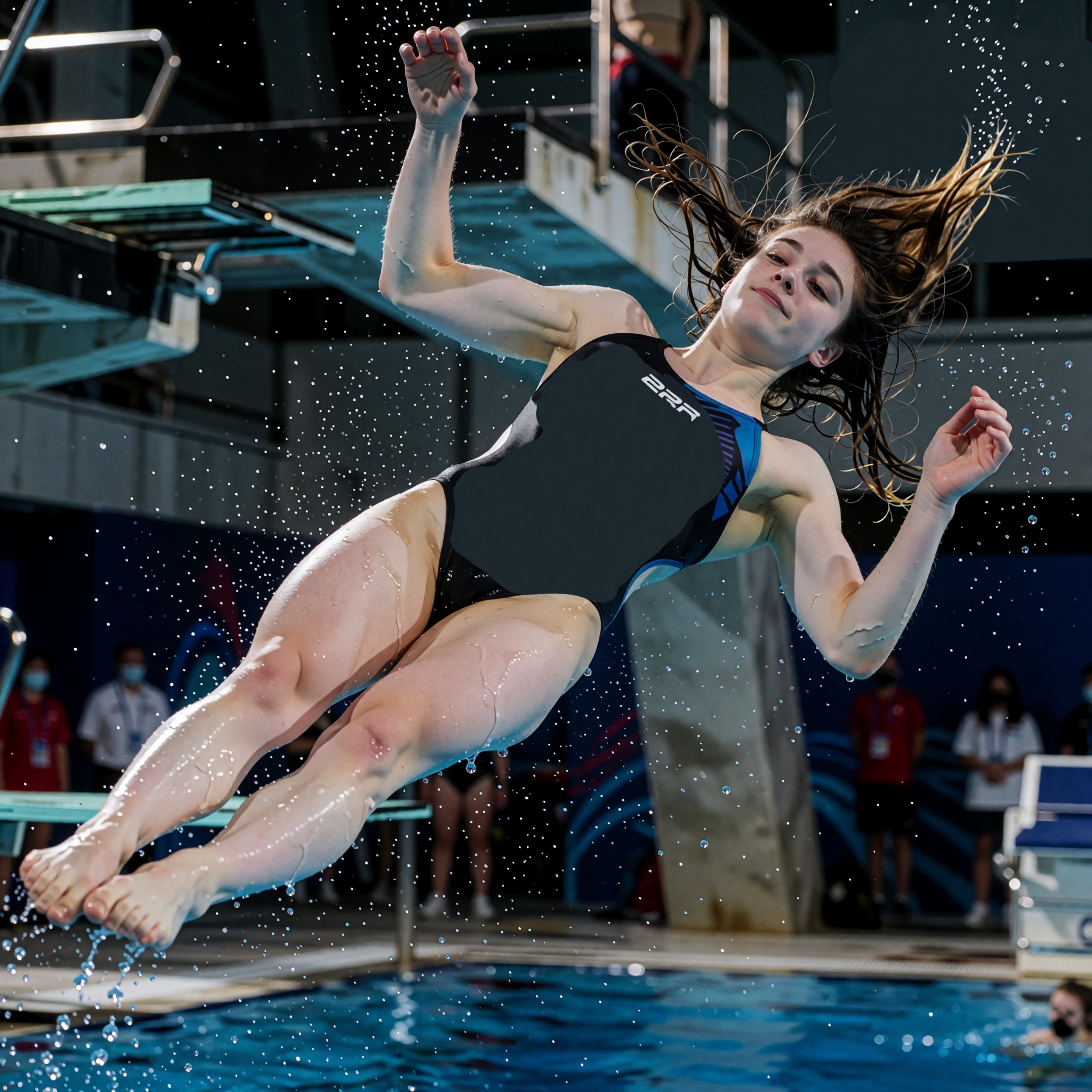 High-speed sports photography,  beautiful 22 year old female professional diver launching from a high diving platform,  at...