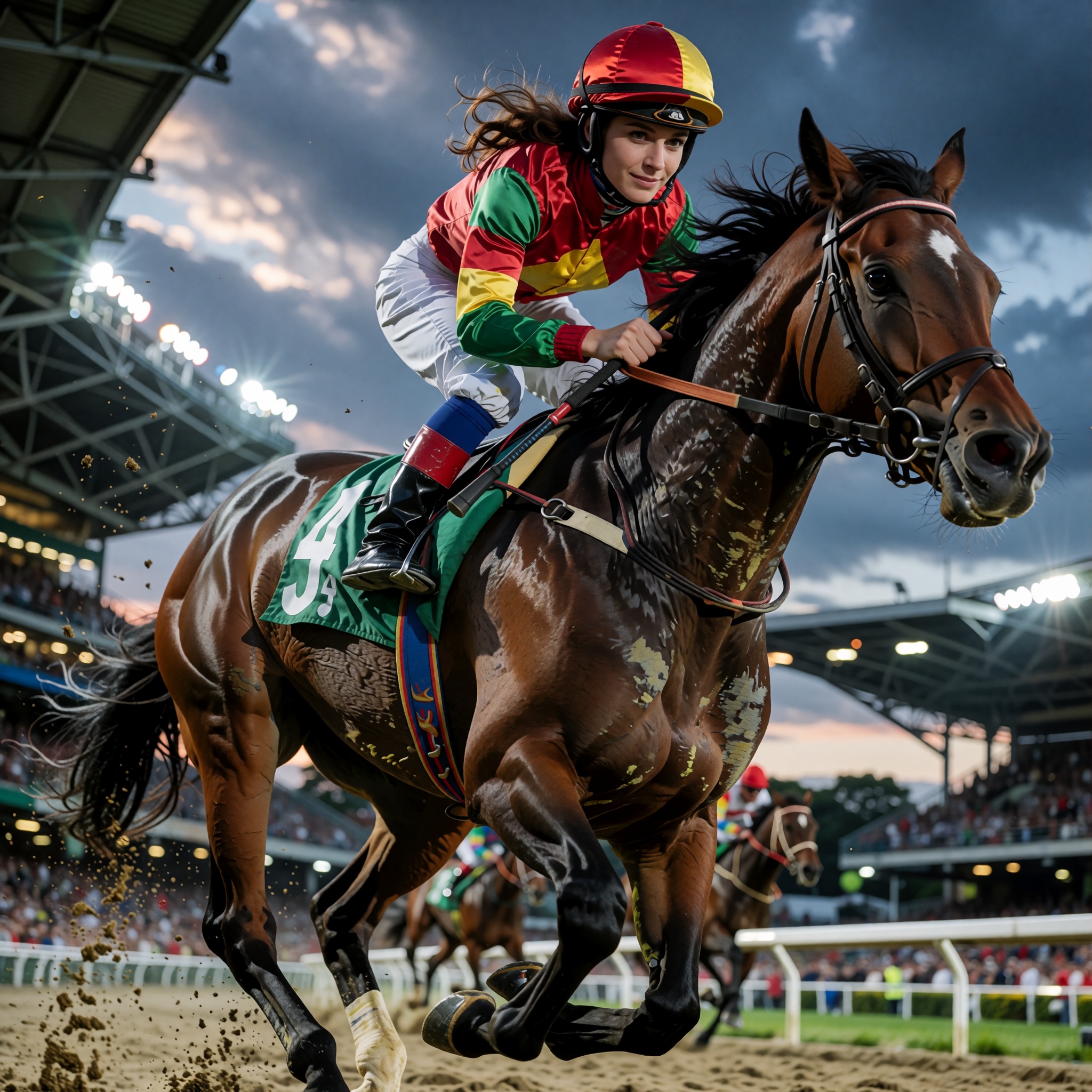 High-speed sports photography,  beautiful 22 year old female professional jockey riding a powerful thoroughbred at full ga...