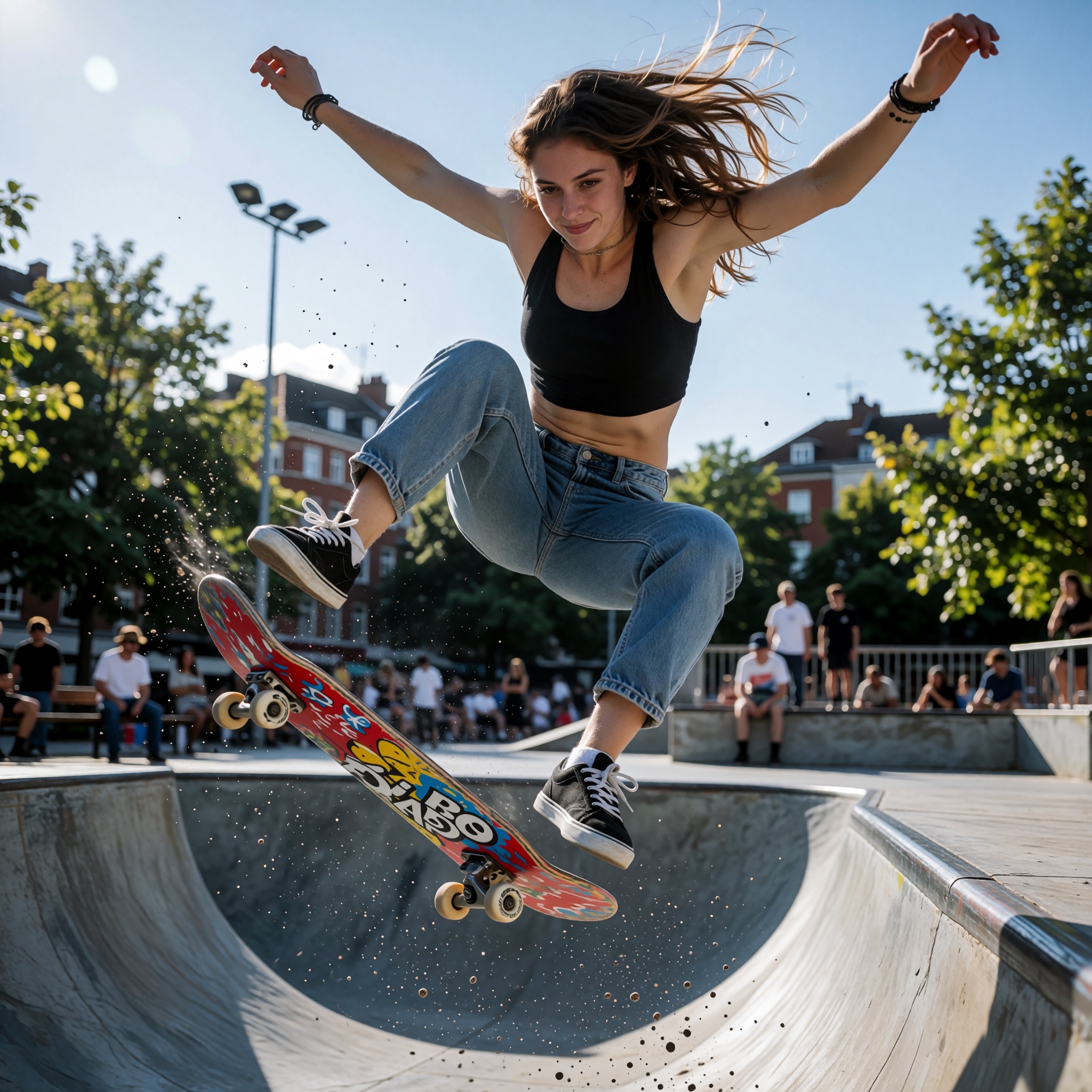 High-speed sports photography,  beautiful 22 year old female professional skateboarder performing a spectacular aerial tri...