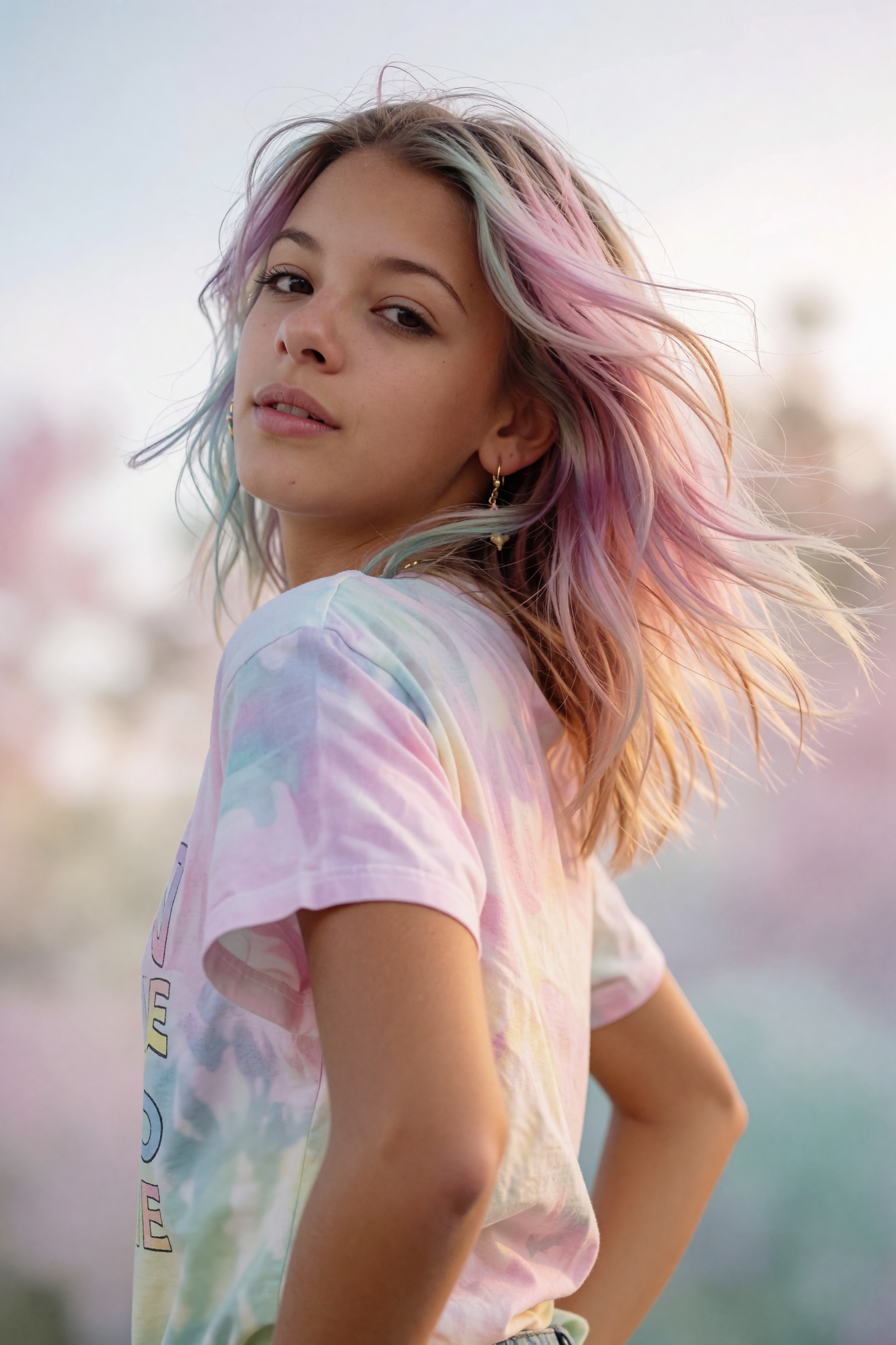 A candid snapshot captured mid-action of a young woman with vibrant,  multi-toned hair that flows dynamically as she strik...