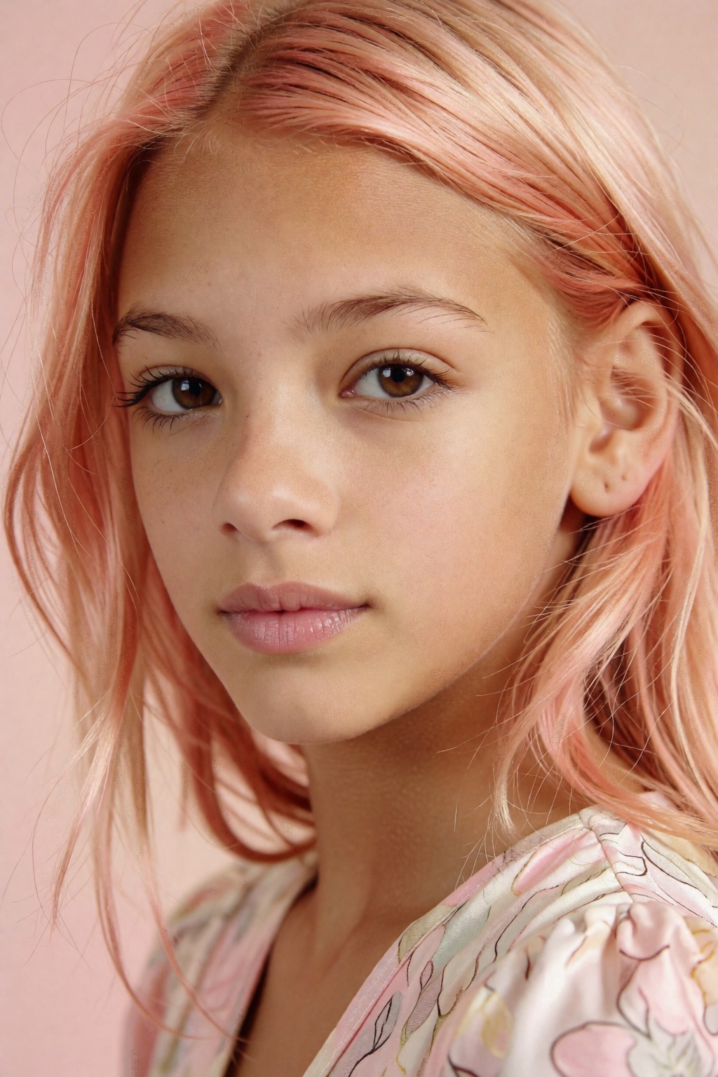A hyperrealistic 8K fashion portrait of a young girl with smooth ivory skin and soft coral-pink hair,  her brown eyes gazi...