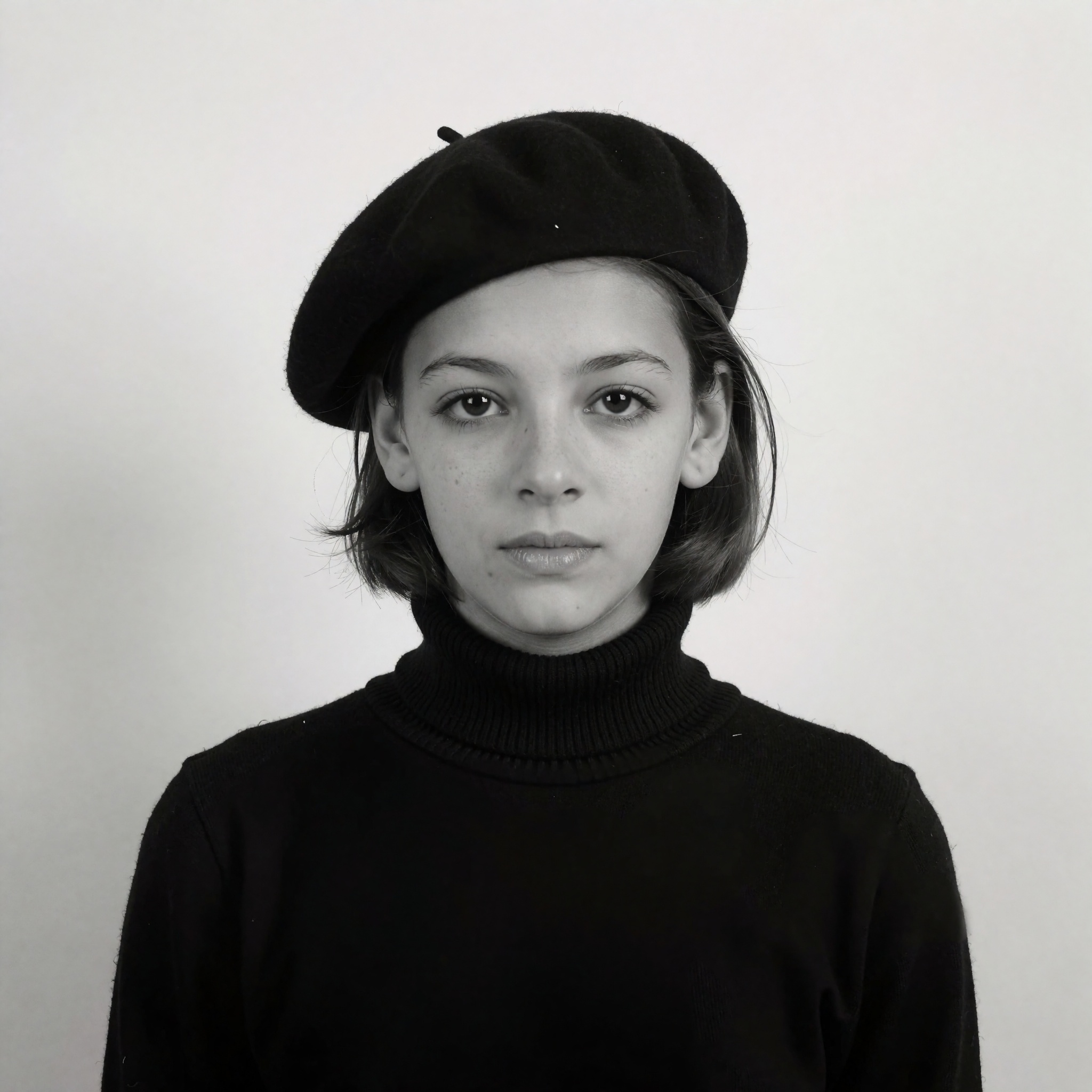 Create a 1950s black and white mug shot featuring a young woman in a black beret and a turtleneck sweater. Capture her ima...