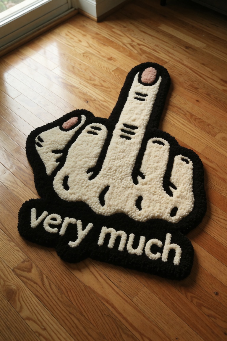 a fluffy carpet mat that represent a middle finger gesture on a hardwood floor. the words "very much" underneath the gestu...