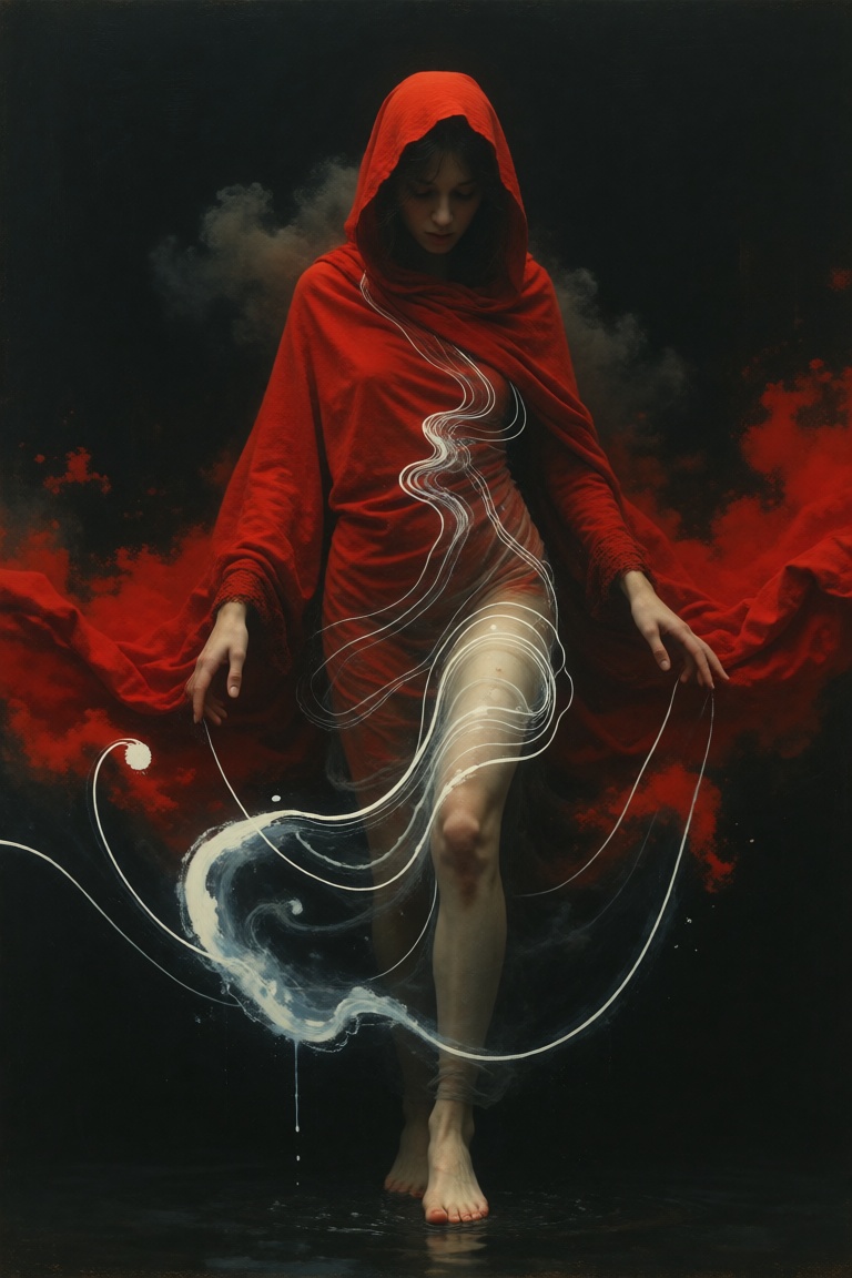 yfg-**0rg,  Bask in the realm of abstract expressionism as a mysterious figure cloaked in a vibrant red shawl steps into v...