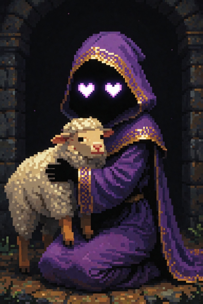 (pixel_art),  dark hooded digital face,  glowing pixel heart eyes only on Tensor.Art