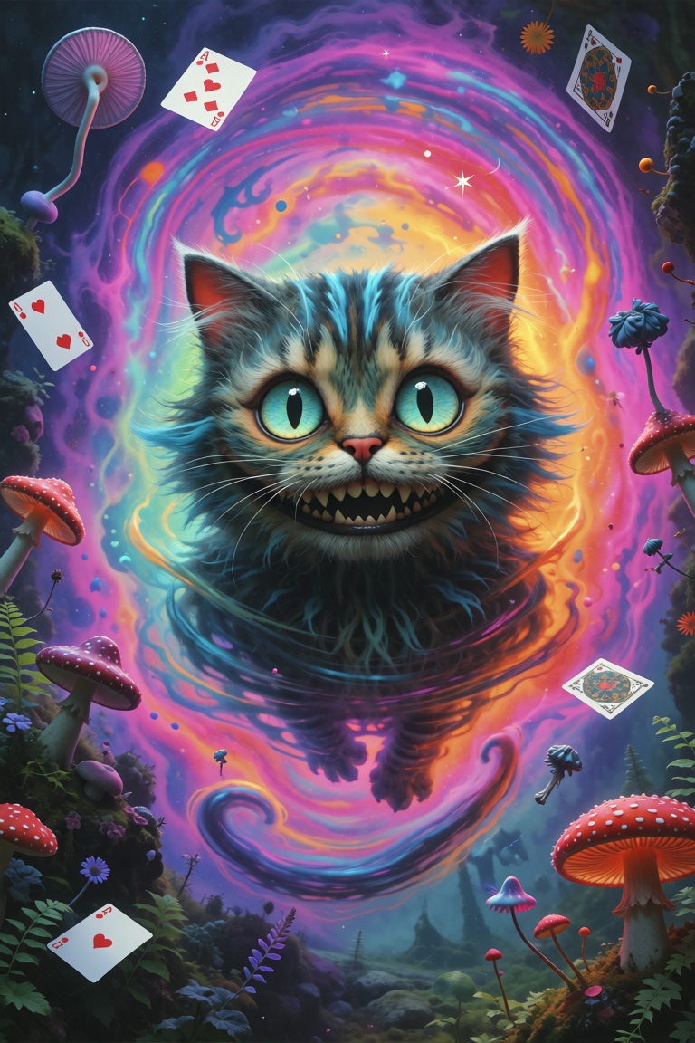 A trippy portrait of the Cheshire Cat from *Alice in Wonderland*,  featuring its iconic wide grin floating in a swirl of v...