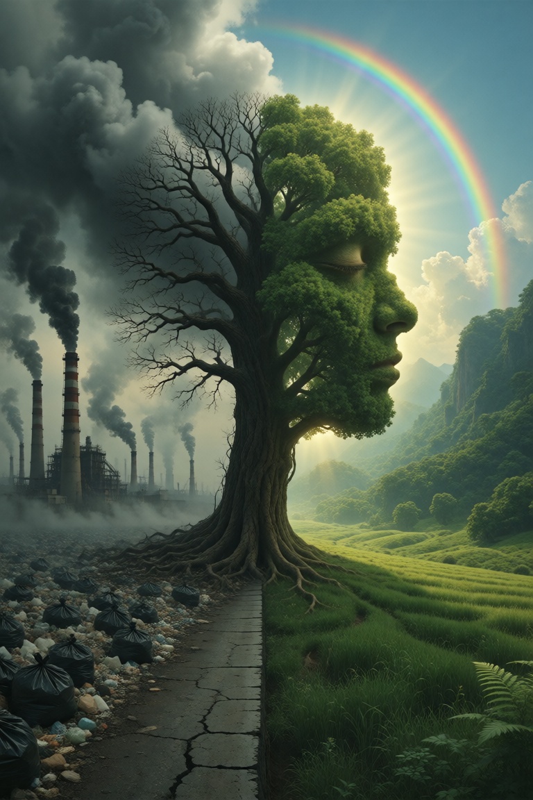 A strikingly symbolic surreal composition portraying a single tree split into two contrasting halves,  forming the profile...
