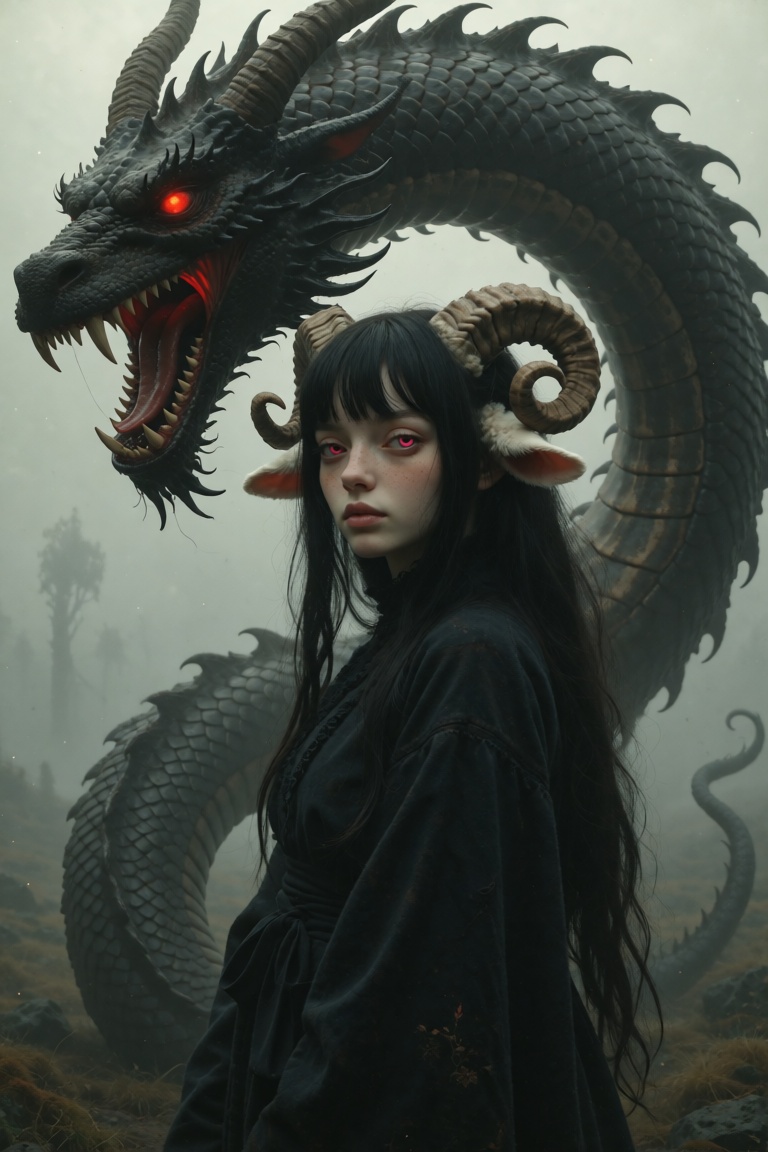 a anthro sheep woman with long,  straight black hair and sheep ears,  suggesting an sheep girl or mythical character with...