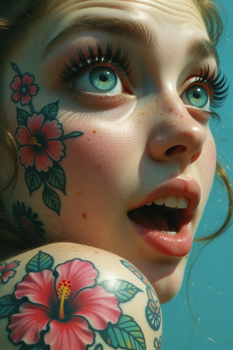 Hyperrealism,  extreme close-up Portrait of a beautiful,  stunning unique female character. She has large turquoise eyes f...