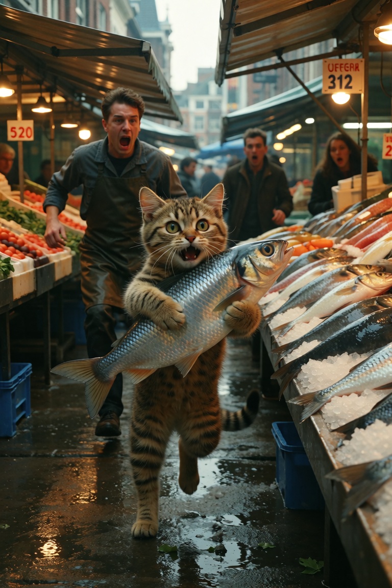 A photorealistic,  ultra detailed,  humorous scene on a bustling dutch street market. A small young tabby cat anthropomorp...