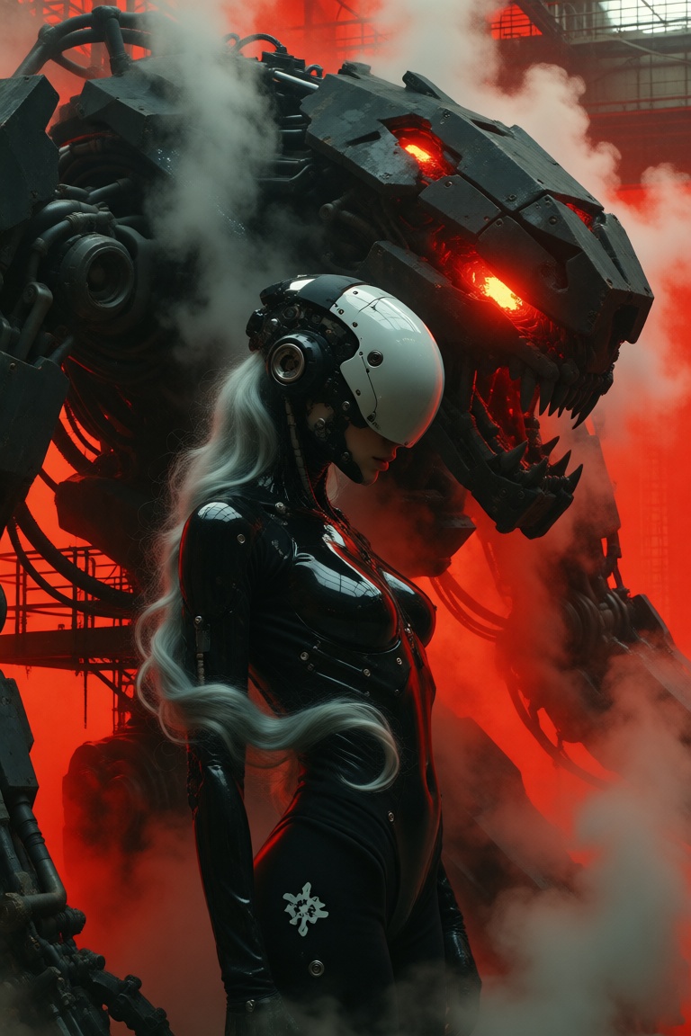 Photograph of a sleek,  cybernetic woman standing in a profile view next to a massive,  monstrous mechanical exoskeleton i...