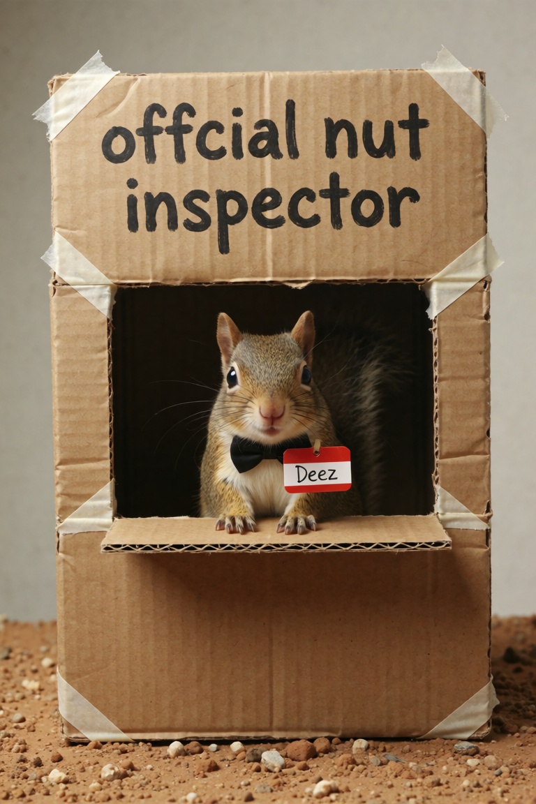 A squirrel inside a child made tiny roadside stand made from cardboard and tape with the words "offcial nut inspector" on...