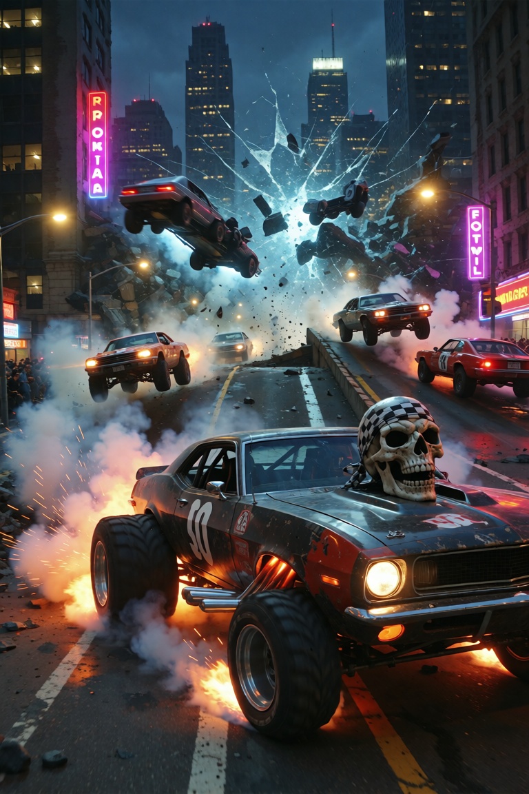 A chaotic cityscape bathed in the neon glow of streetlights is torn apart by a wild street race,  cars launching off ramps...