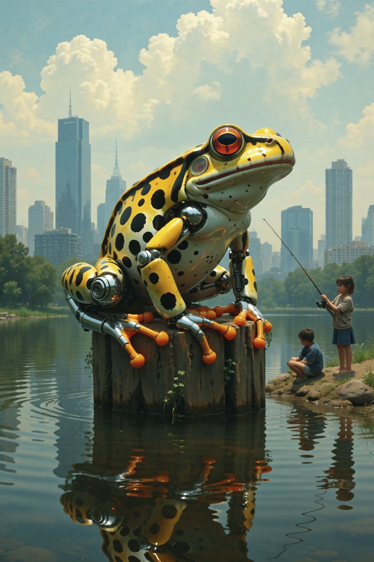 artilands02,  Photo-realistic rendering of a mechanical frog with vibrant yellow and black spotted patterns,  sitting atop...