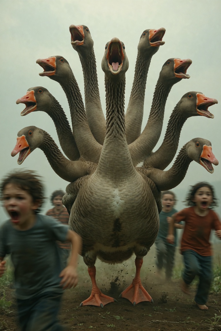 a giant goose with many necks and heads like a hydra,  aggressively honking with all,  blurry children running in fear bac...