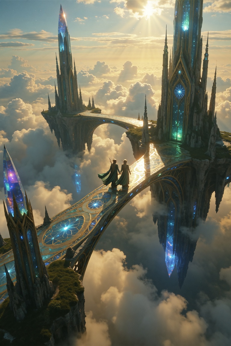 a wide aerial view of a floating elven city in the sky,  with two elven figures walking side by side across a glowing skyb...