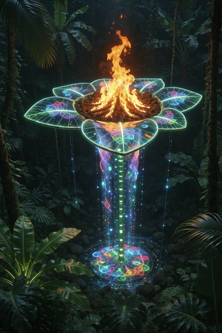 Neon jungle seen from above,  fire in the eternal night,  built from futuristic nano leaf glass on Tensor.Art