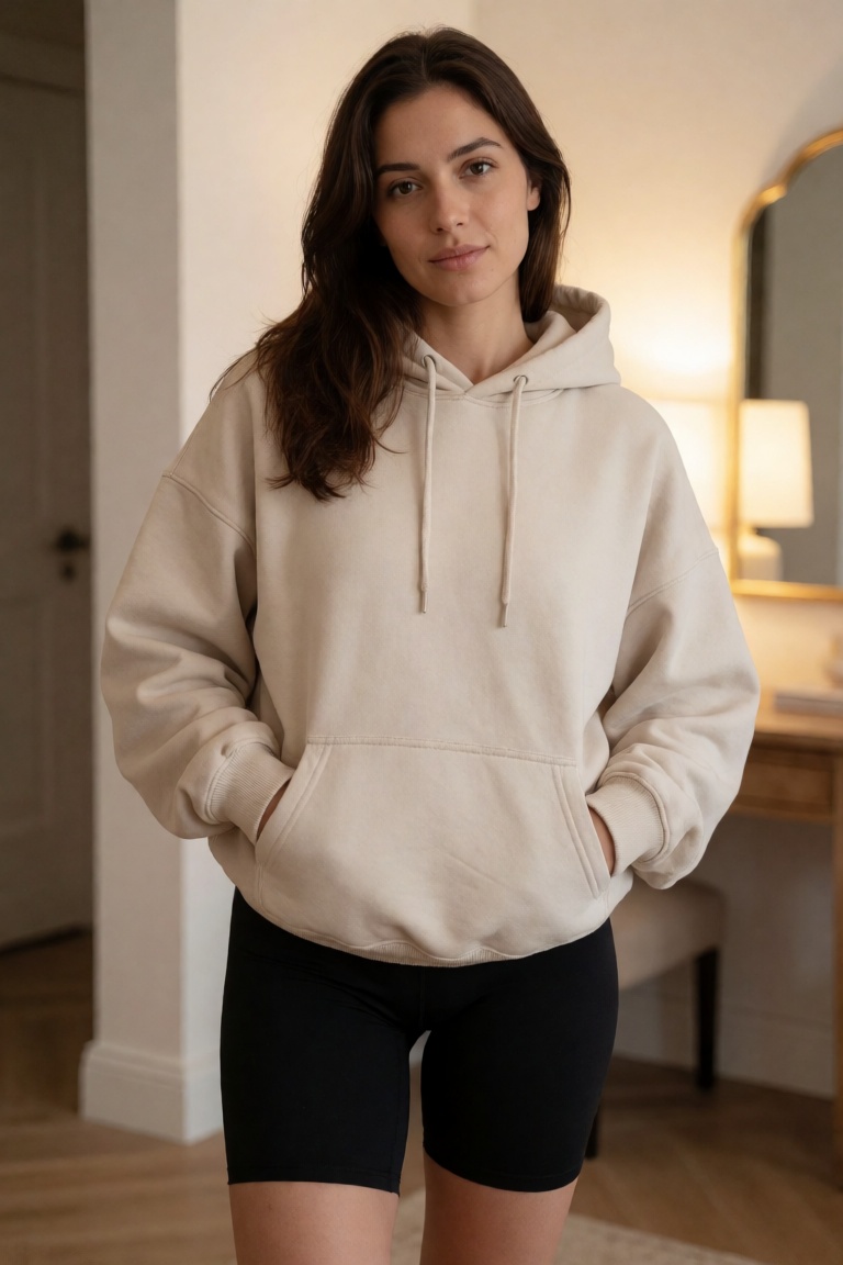 A realistic photograph of a woman with an inverted triangle body shape,  big chest,  wearing oversized hoodie and biker sh...