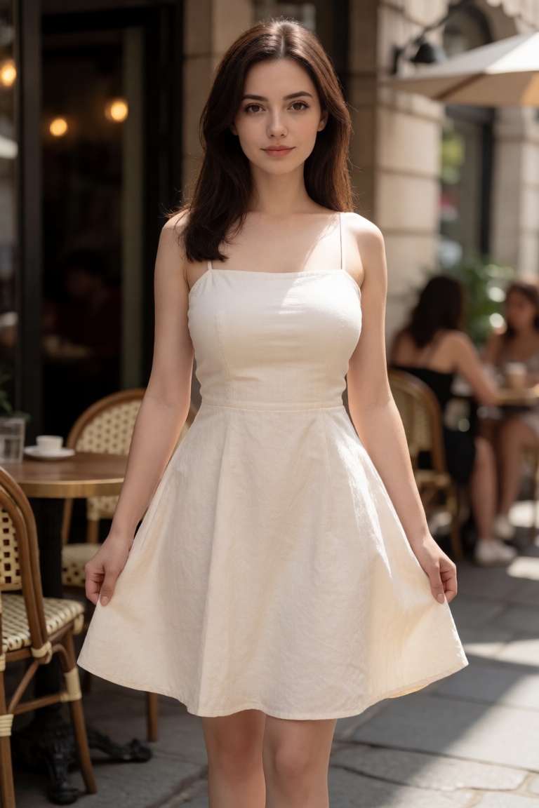 A realistic photograph of a woman with an inverted triangle body shape,  big chest,  wearing a sundress that flares at the...