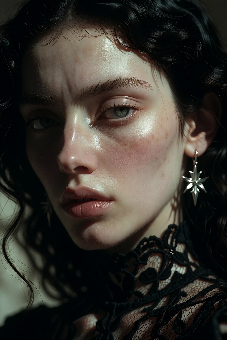 A medium close-up,  high-resolution portrait photograph featuring a young woman with a piercing,  ethereal gaze on Tensor.Art