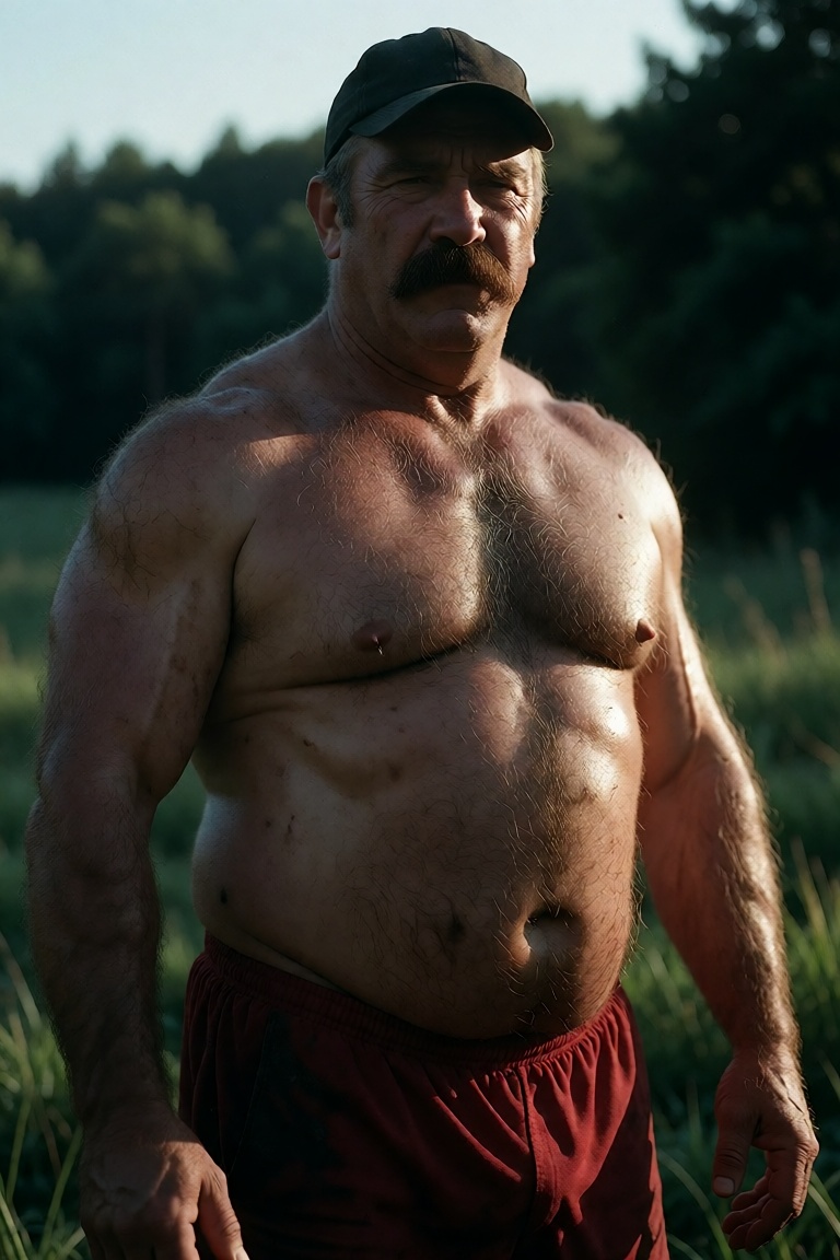 Full-body medium shot,  eye-level perspective capturing a stout,  middle-aged man with a prominent on Tensor.Art