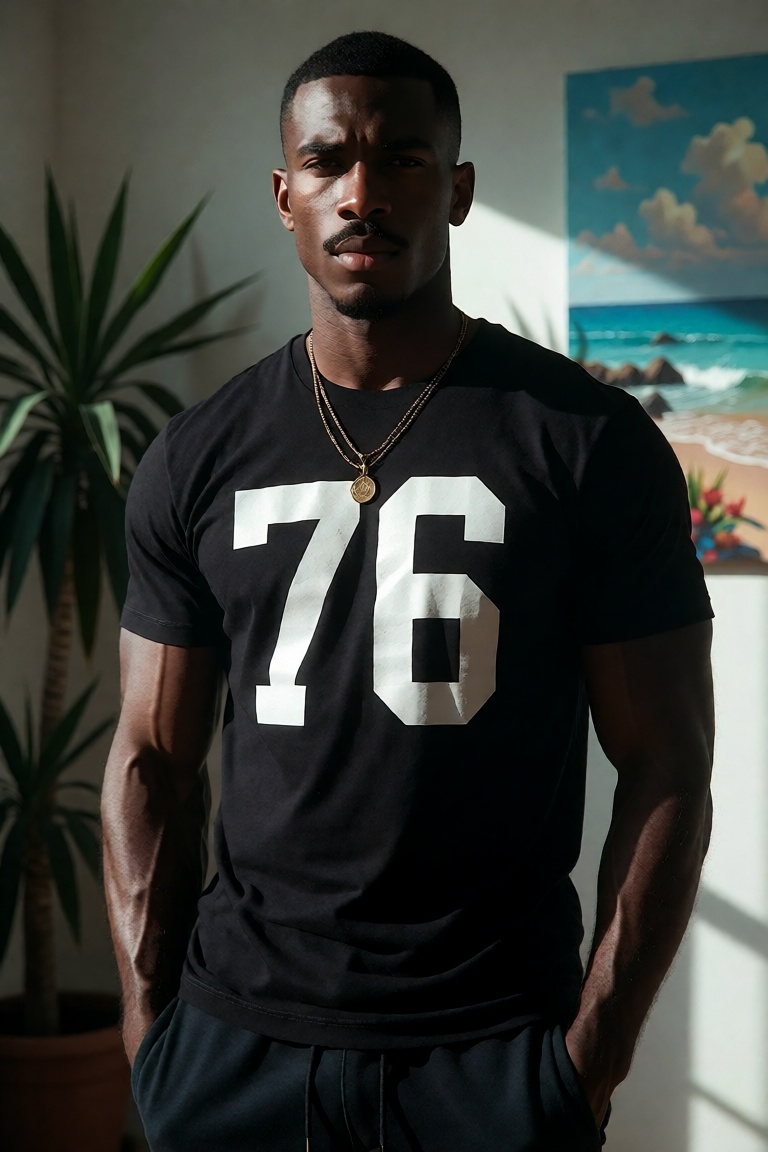 Medium shot,  eye-level professional photography framing a single athletic Black male standing in a relaxed pose with his...