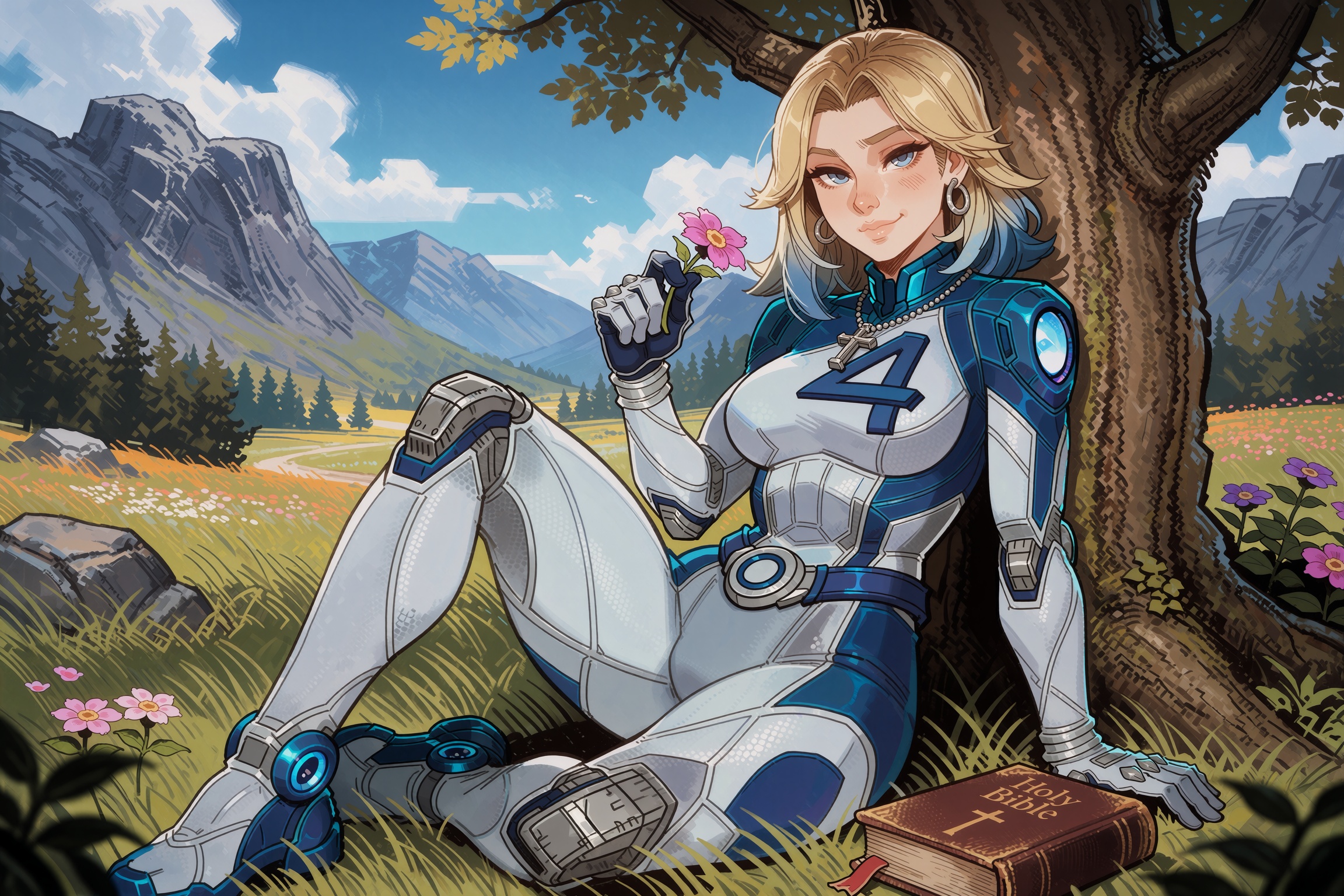 Vv.LXVIII - MR-Sue_Storm,  Vv.LXVIII - Requiem,  MR-Sue_Storm has blonde shoulder length hair and blue eyes on Tensor.Art