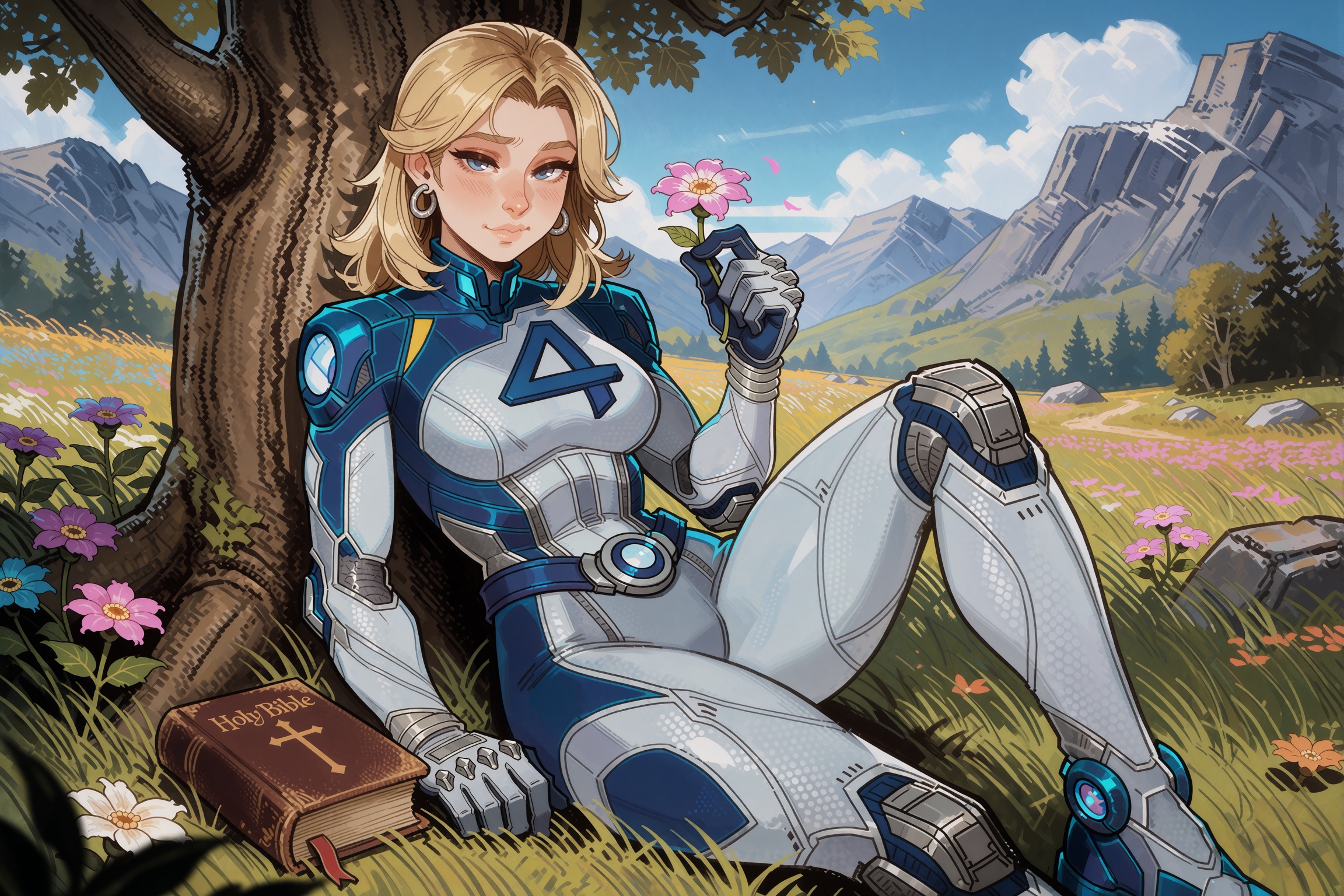 Vv.LXVIII - MR-Sue_Storm,  Vv.LXVIII - Requiem,  MR-Sue_Storm has blonde shoulder length hair and blue eyes on Tensor.Art
