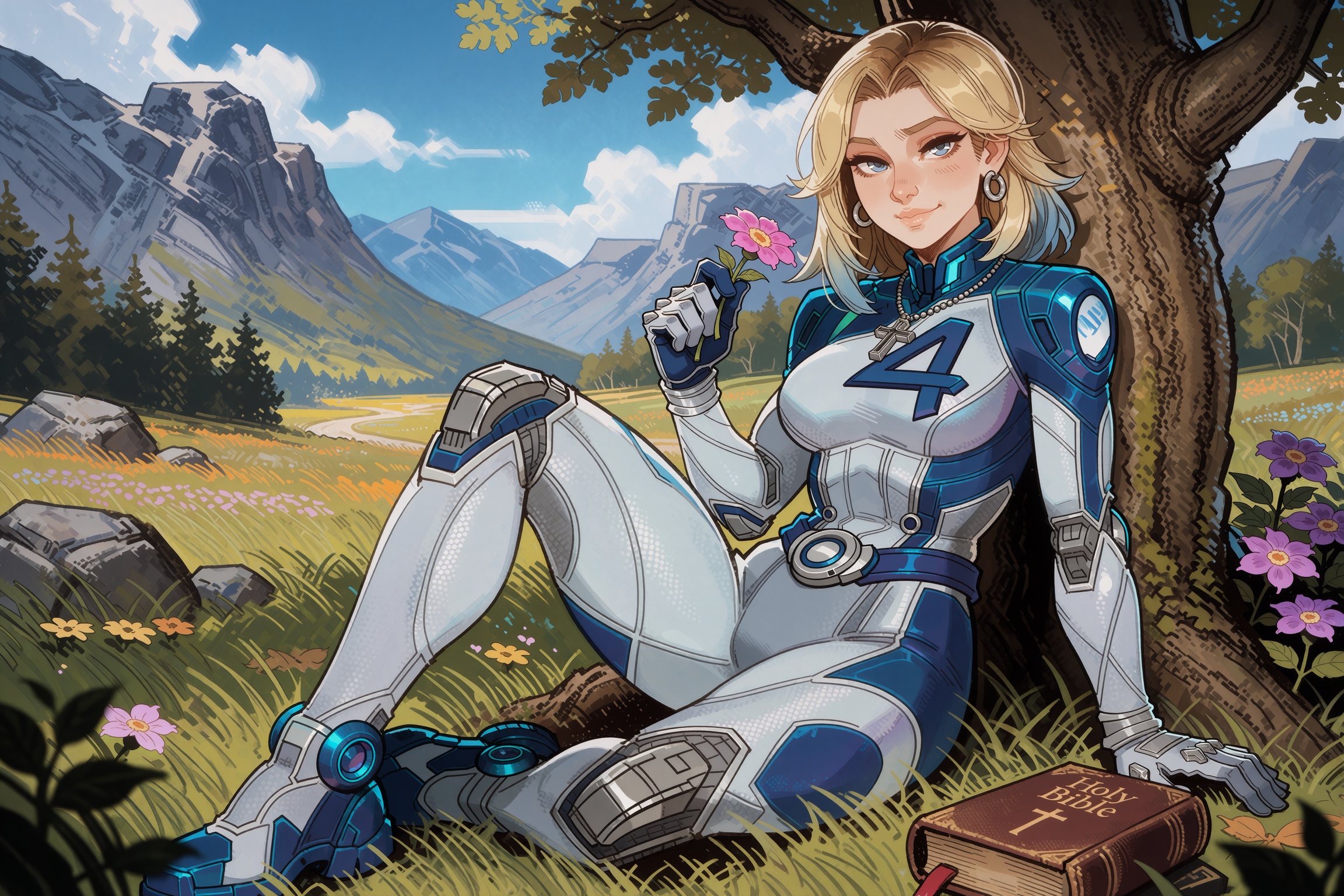 Vv.LXVIII - MR-Sue_Storm,  Vv.LXVIII - Requiem,  MR-Sue_Storm has blonde shoulder length hair and blue eyes on Tensor.Art