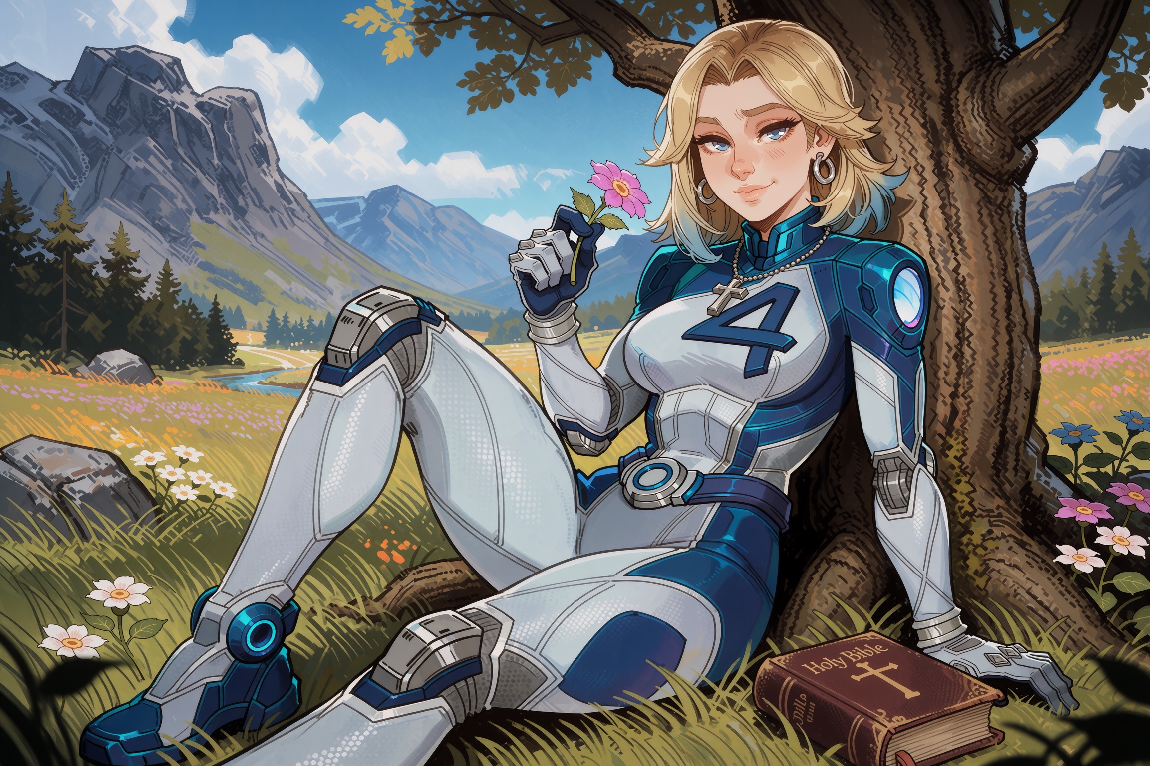 Vv.LXVIII - MR-Sue_Storm,  Vv.LXVIII - Requiem,  MR-Sue_Storm has blonde shoulder length hair and blue eyes on Tensor.Art
