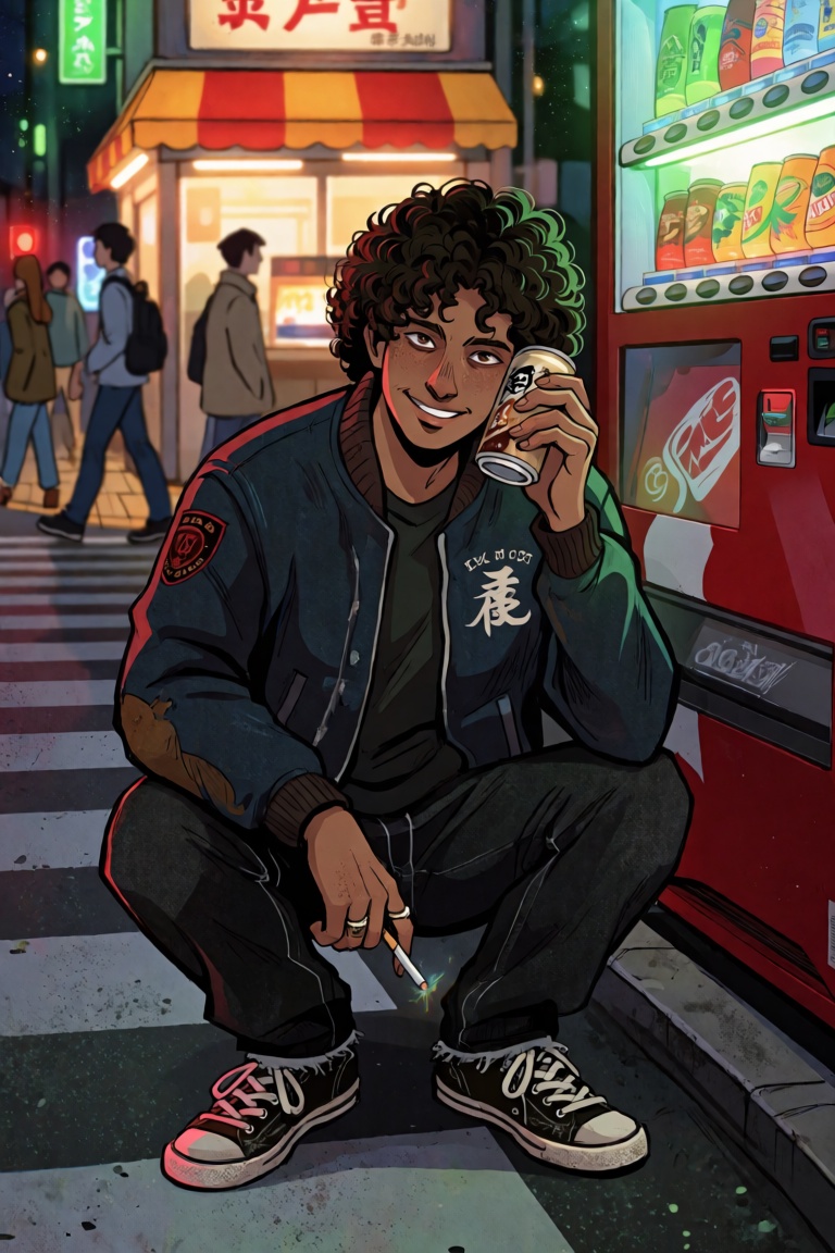 Knee-up shot of a young man with thick curly dark hair and brown skin,  crouching on a Tokyo crosswalk at midnight beside...