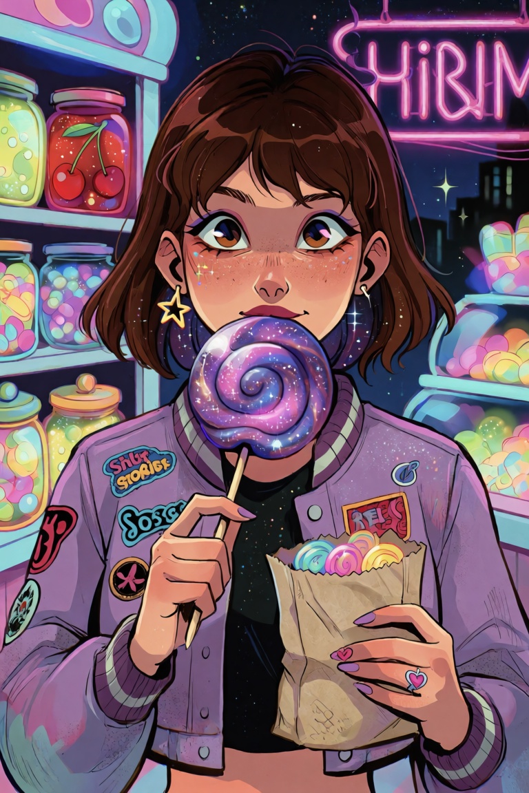 A close-up portrait of a young woman licking a giant spiral lollipop whose swirl is a tiny galaxy — nebula pinks and star-...