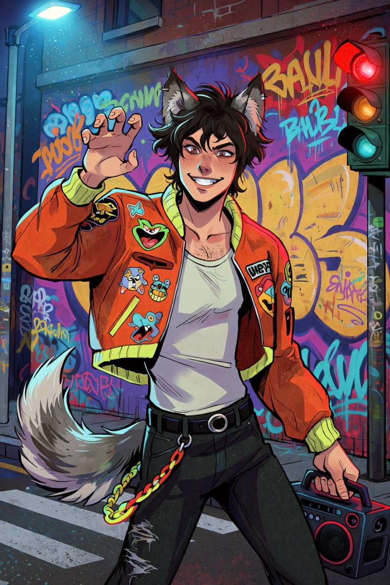 A waist-up portrait of a young man mid-motion on a city street,  his thick gray wolf tail swaying behind him and large poi...