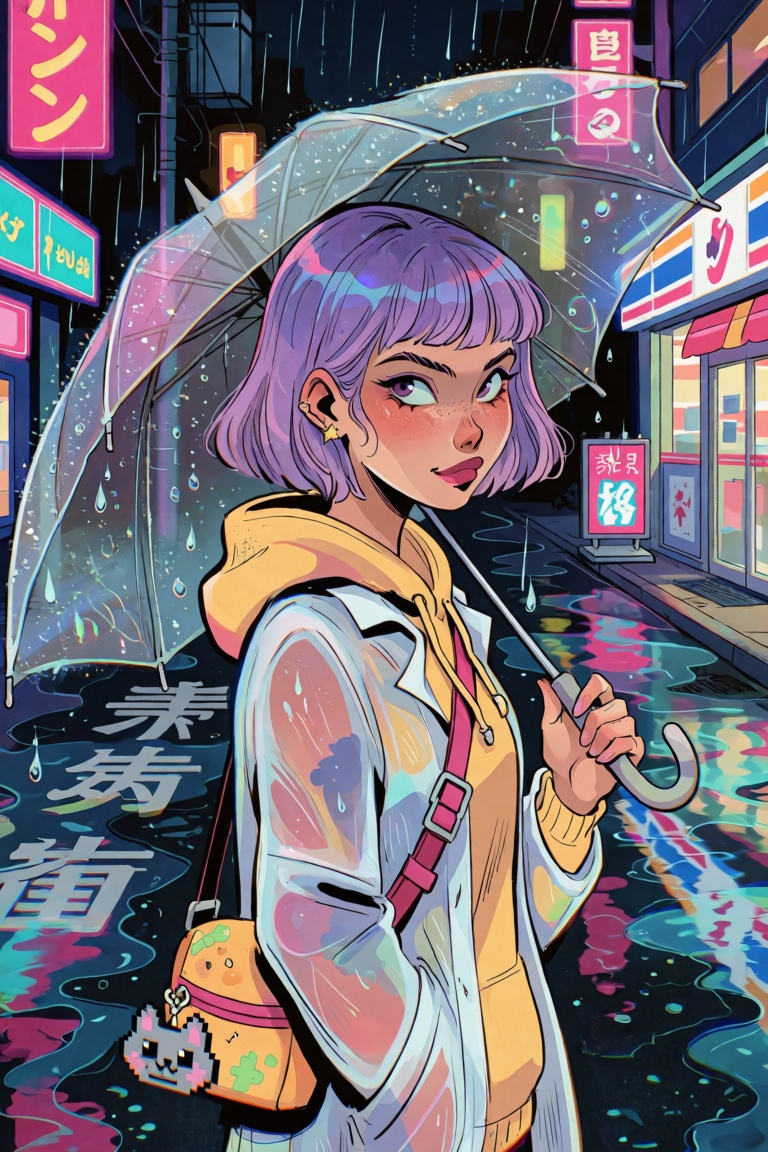 Portrait. A young woman with a blunt lavender bob holds a clear plastic umbrella tilted back so rain rolls off its edge in...