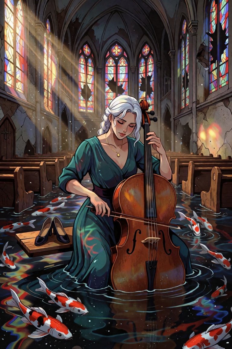 Full body. A woman with silver-white hair in a loose braid stands knee-deep in floodwater inside an abandoned cathedral,...