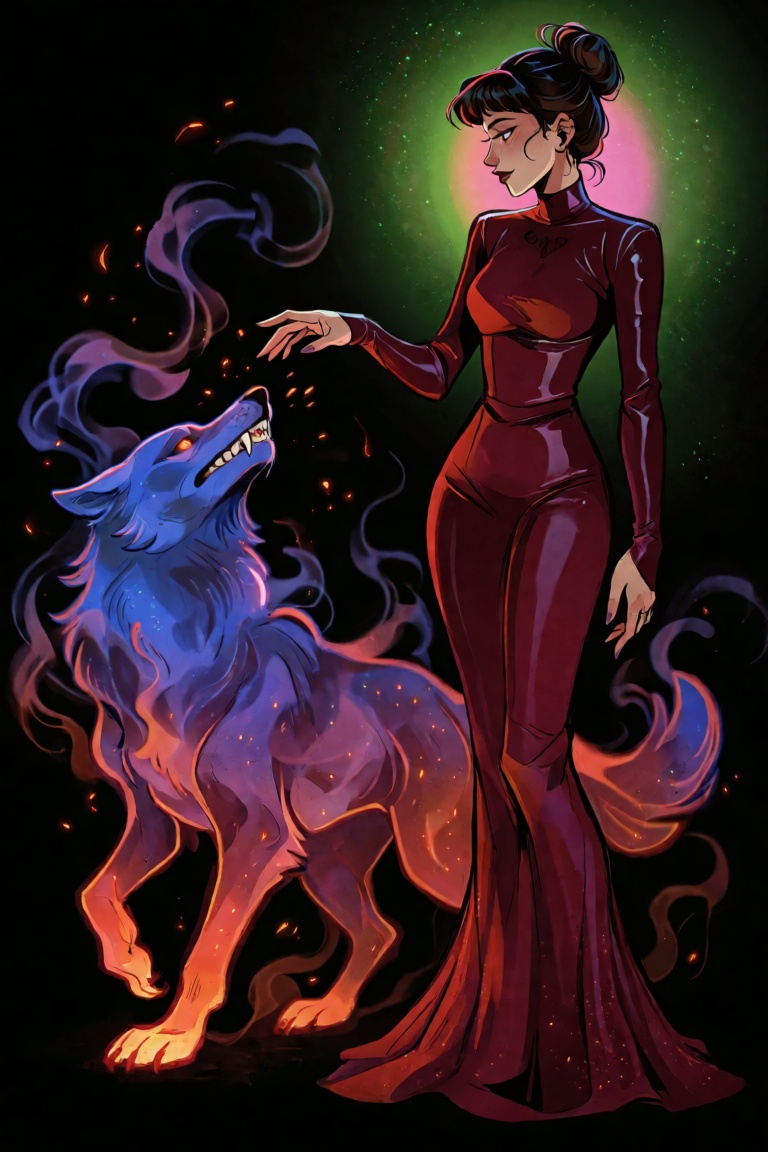 Full body of woman standing with her shadow becoming a separate smoky wolf. No hair. Change surreal manifestation. Her own...