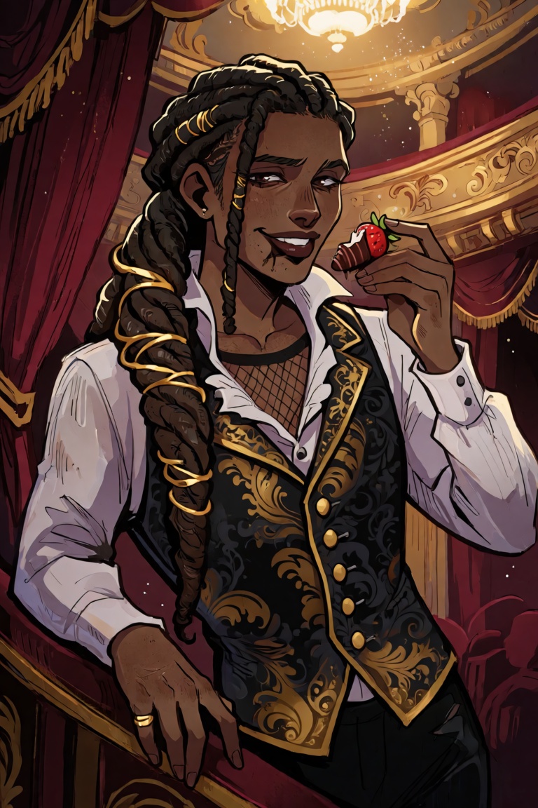 A portrait of a young dark skined man with deep brown skin and long thick locs gathered over his right shoulder,  each wra...
