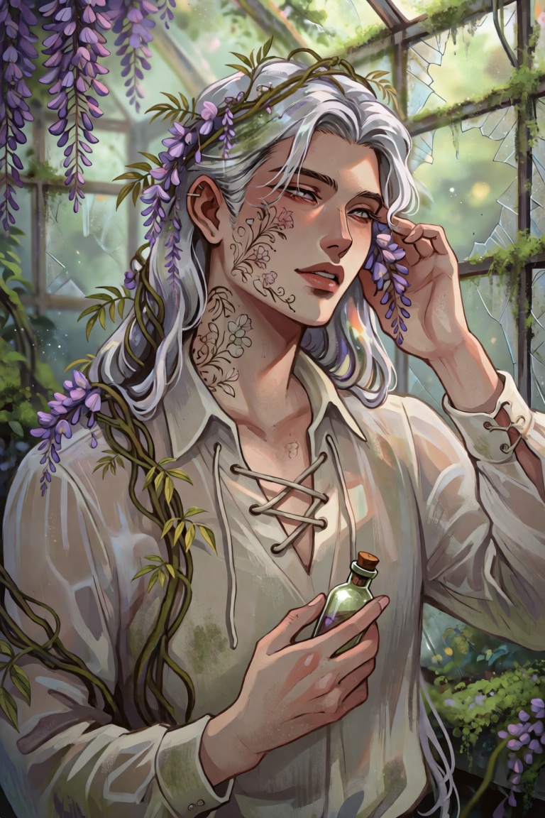 A close-up portrait of a young East Asian man with waist-length silver hair tangled with creeping wisteria vines. A delica...